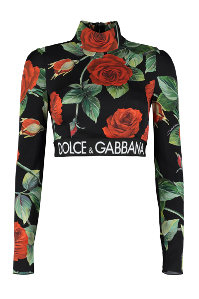 Dolce & Gabbana Logo-band Floral-print Silk Charmeuse Crop Top In Black,red,green