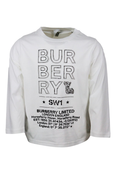 Burberry Kids' Long-sleeved Crew-neck T-shirt In Stretch Cotton With Drawn Logo In White