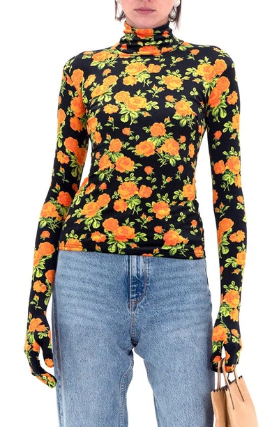 Richard Quinn Floral Glove Sleeve Top In Orange Rose
