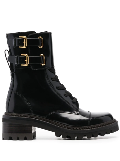 See By Chloé Mallory Buckle-cuff Moto Combat Booties In Noir