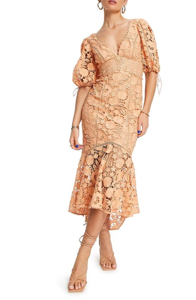 Asos Design Guipure Lace Midi Dress With Puff Sleeve And Tie Back In Orange