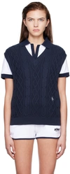 Sporty And Rich Embroidered Cable-knit Cotton Vest In Navy/navy