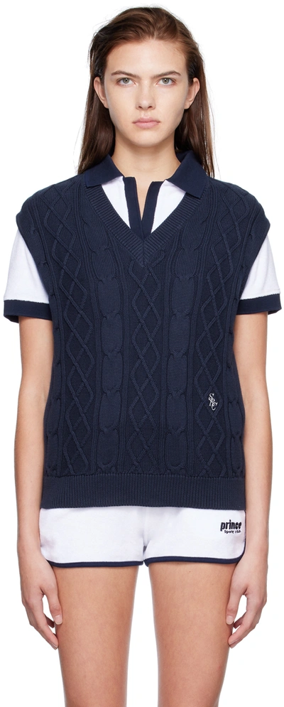 Sporty And Rich Embroidered Cable-knit Cotton Vest In Navy