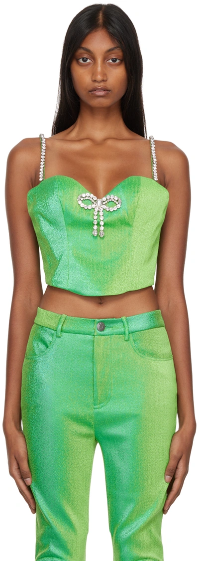 Area Cropped Crystal-embellished Metallic Jersey Bustier Top In Green