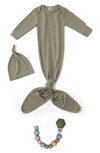 Earth Baby Outfitters Babies' Knotted Gown, Hat & Teether Toy Set In Grey