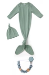 Earth Baby Outfitters Babies' Knotted Gown, Hat & Teether Toy Set In Green