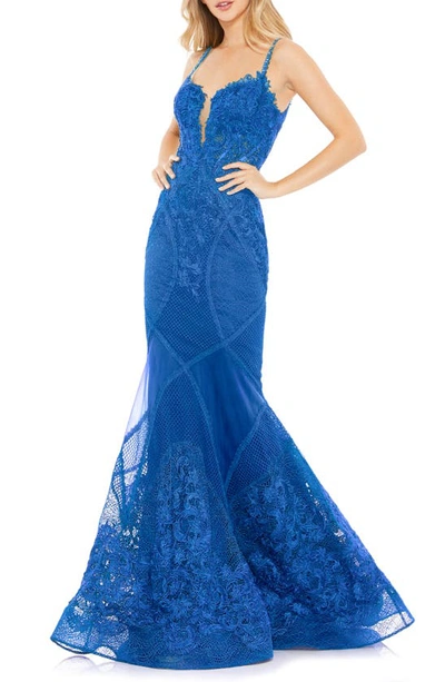 Mac Duggal Mix Pattern Lace Mermaid Gown In Royal