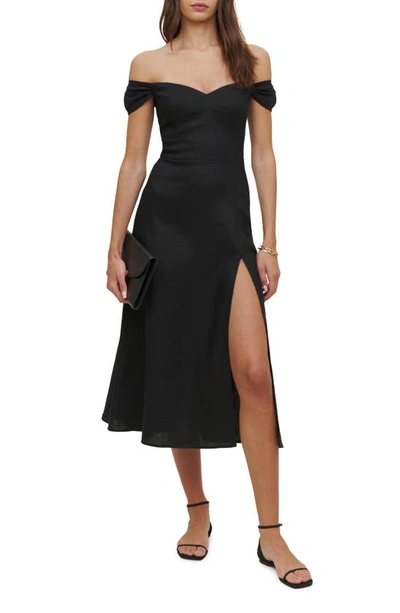 Reformation Bridgton Off The Shoulder Linen Dress In Black