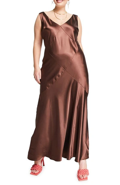 Asos Design Curve Satin Maxi Slipdress In Brown