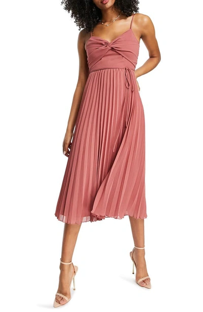Asos Design Twist Front Pleated Cami Midi Dress With Belt In Rose Pink