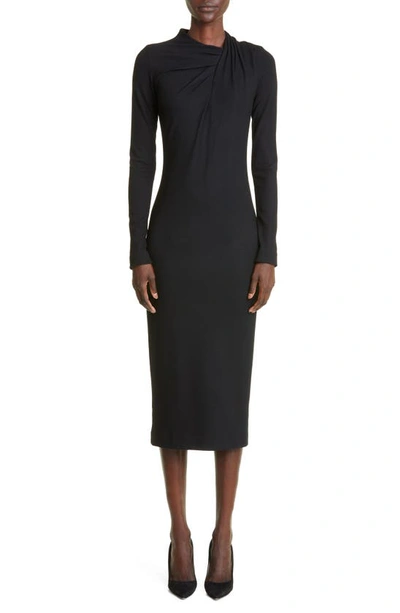 Adam Lippes Asymmetric Long Sleeve Wool Midi Dress In Black