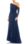 Mac Duggal Sequin Lace One-shoulder A-line Gown In Navy