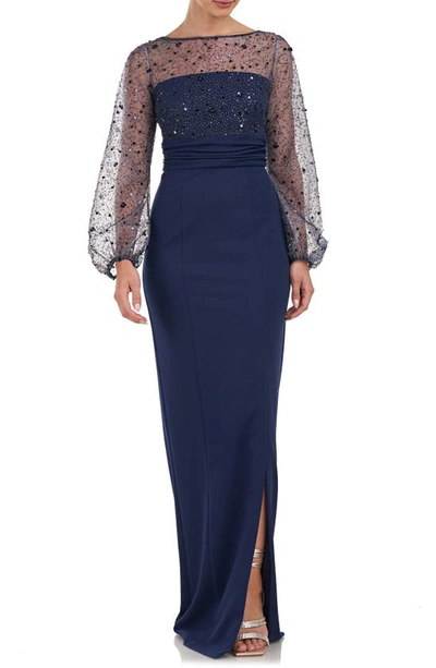 Js Collections Logan Beaded Ilusion Lace Long Sleeve Column Gown In Navy
