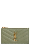 Saint Laurent Pebbled Leather Zip Card Case In Light Sage