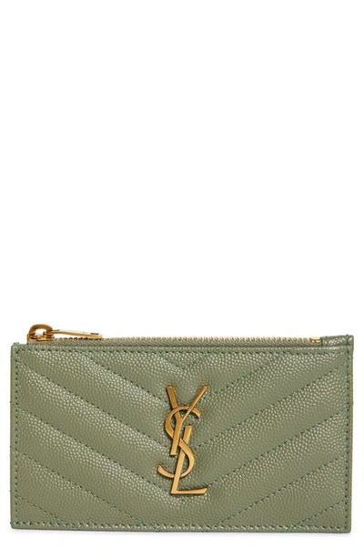 Saint Laurent Pebbled Leather Zip Card Case In Light Sage