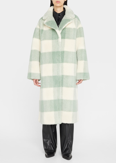 Stand Studio Check-pattern Single-breasted Teddy Coat In Mint Off White