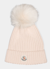 Moncler Kids' Girl's Ribbed Wool Beanie W/ Faux Fur Pompom In Pink