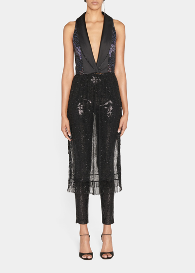 Giorgio Armani Crystal-embroidered Satin Plunging Fringe Gown In Black