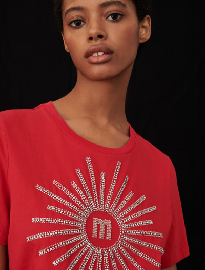 Maje T-shirt With Rhinestones And Beads In Red