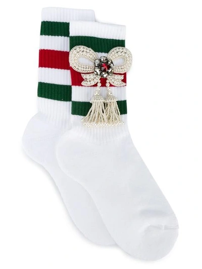 Gucci Striped Socks W/ Embellished Bow In White