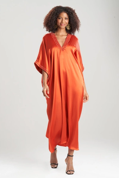 Josie Natori Natori Key Essentials Embellished Cocoon Silk Caftan Dress In Burnt Amber