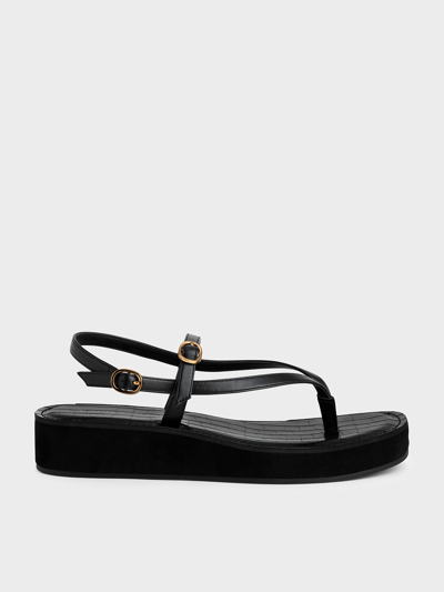 Charles & Keith Textured Strappy Flatform Thong Sandals In Black Textured