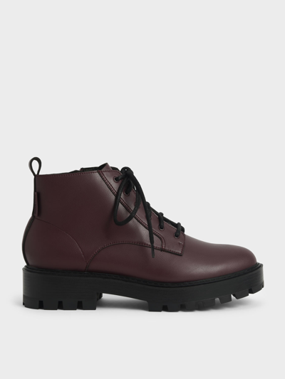 Charles & Keith Lace-up Chunky Ankle Boots In Burgundy