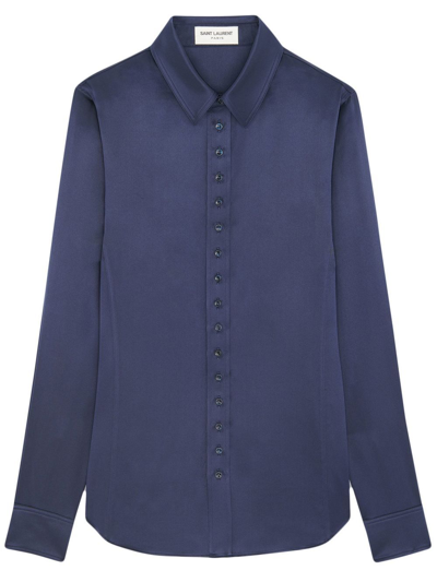 Saint Laurent Buttoned-up Silk Shirt In Blue