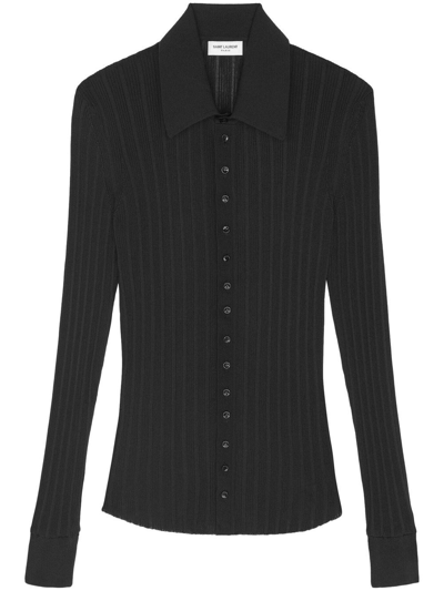 Saint Laurent Ribbed-knit Polo Top In Schwarz