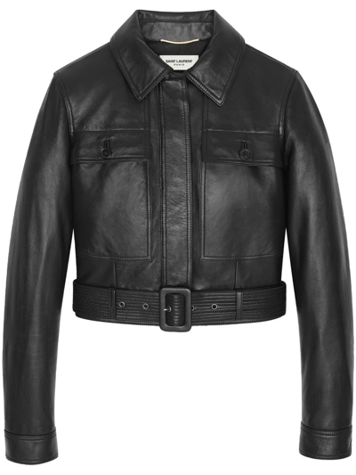 Saint Laurent Belted Leather Flight Jacket In Black