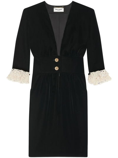 Saint Laurent Lace-trimmed Velvet Dress In Black