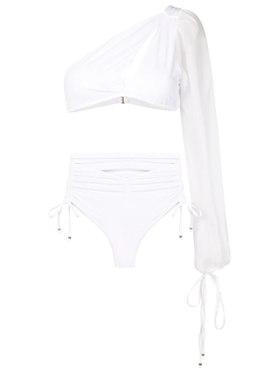 Amir Slama One-shoulder Long-sleeve Bikini Set In White