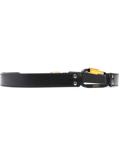 Aries Logo-carabiner Detail Leather Belt In Schwarz