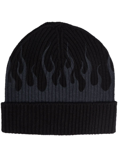 Vision Of Super Flame-embroidered Rib-knit Beanie In Black