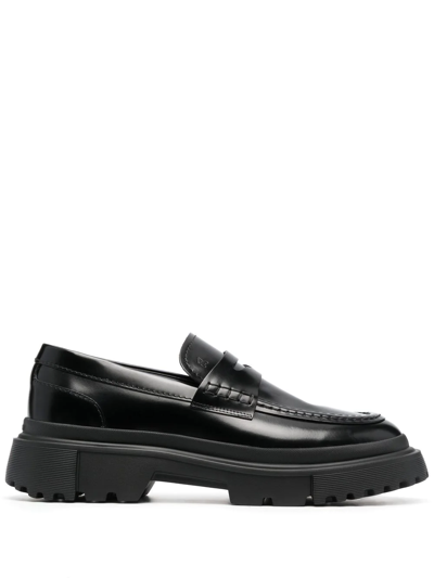 Hogan Leather Ridged-sole Loafers In Black