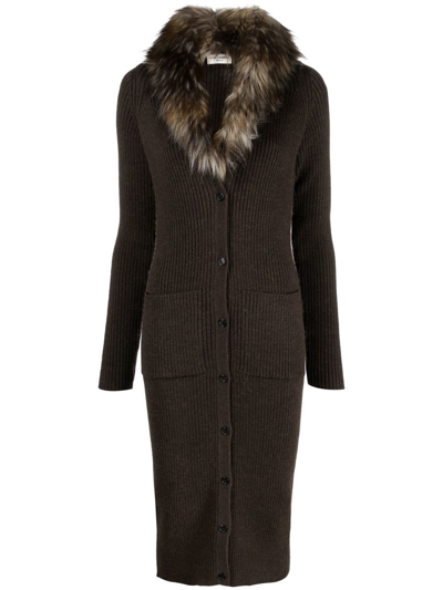 Saint Laurent Faux-fur Detail Cardigan Dress In Brown