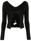 Jacquemus 'la Maille Pralu Longue' Black Ribbed Cardigan With Logo Charm Woman In Schwarz