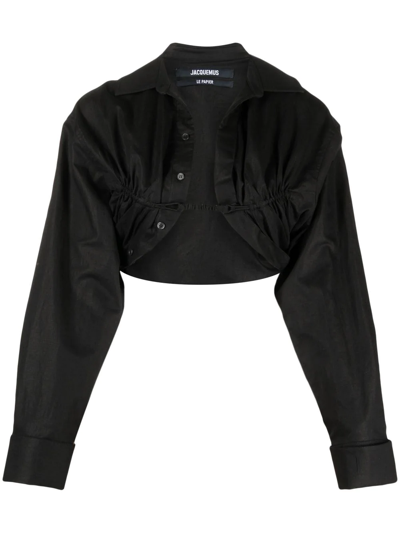 Jacquemus Machou Cropped Cotton And Linen-blend Canvas Shirt In Black