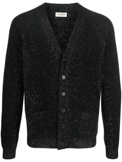 Saint Laurent Metallic-threading Ribbed-knit Cardigan In Schwarz