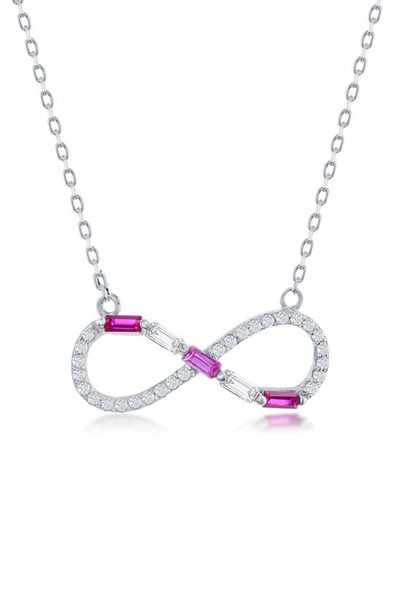 Simona Sterling Silver Baguette Cz Infinity Necklace In Pink