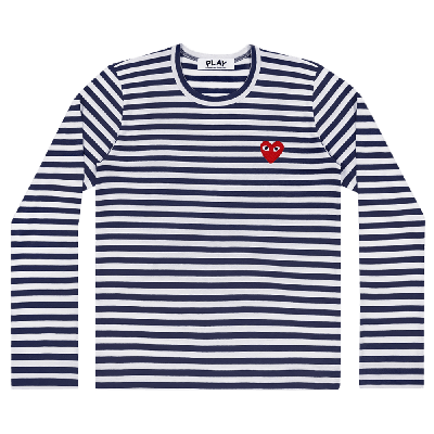 Pre-owned Comme Des Garçons Play Heart Logo Long-sleeve Stripe Shirt 'white Navy'