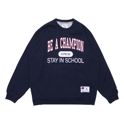 Pre-owned Supreme X Champion Stay In School Crewneck 'navy' In Blue