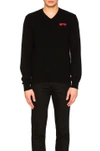 COMME DES GARÇONS PLAY COMME DES GARCONS PLAY V NECK DOUBLE EMBLEM SWEATER IN BLACK,P1N056