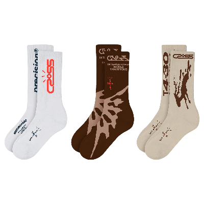 Pre-owned Cactus Jack By Travis Scott Crossover Socks (3 Pack) 'white/brown/tan' In Multi-color