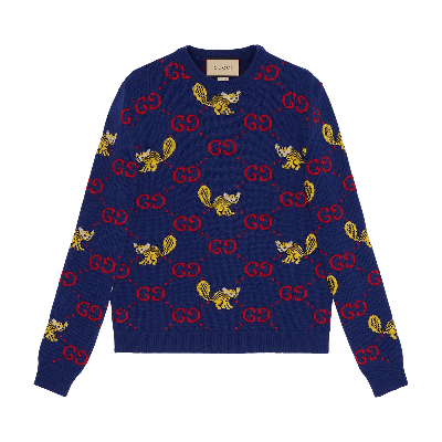 Pre-owned Gucci Freya Hartas Gg Animal Wool Sweater 'ink' In Blue
