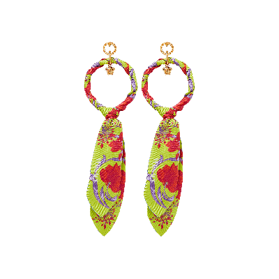 Pre-owned Versace Foulard Art Deco Flowers Print Earrings 'citron/ Gold' In Yellow