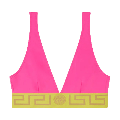 Pre-owned Versace Greca Border Triangle Bikini Top 'fuchsia/ Yellow' In Pink