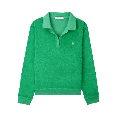 Sporty And Rich Logo-embroidered Long-sleeve Cotton-terry Polo Shirt In Kelly Green White