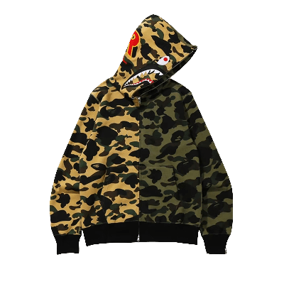 Pre-owned Bape 1st Camo Half Shark Full Zip Hoodie 'green/yellow' In Multi-color