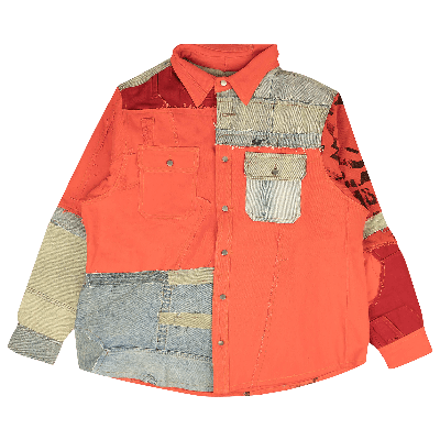 Pre-owned 424 Reworked Work Button Down Shirt 'orange/blue' In Multi-color